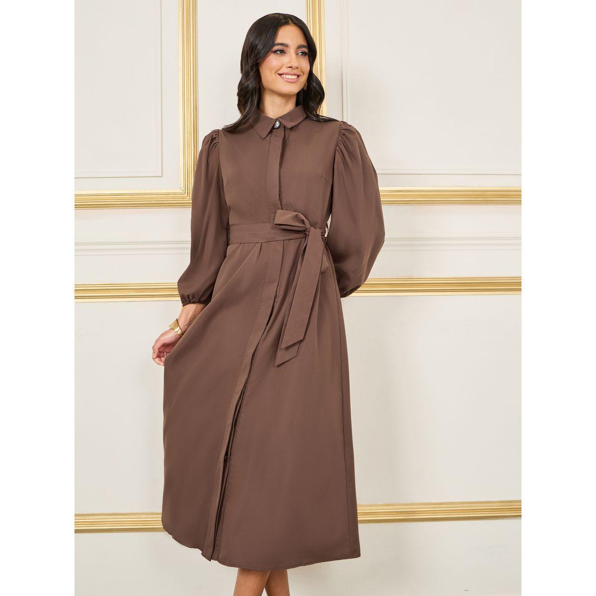 Styli Solid Concealed Placket Shirt Midi Dress with Self Tie Up-women-clothing-dresses-image-2