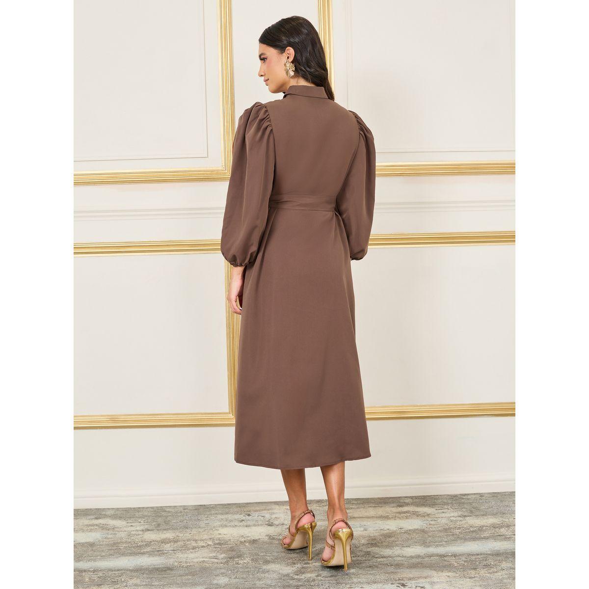 Styli Solid Concealed Placket Shirt Midi Dress with Self Tie Up-women-clothing-dresses-image-4