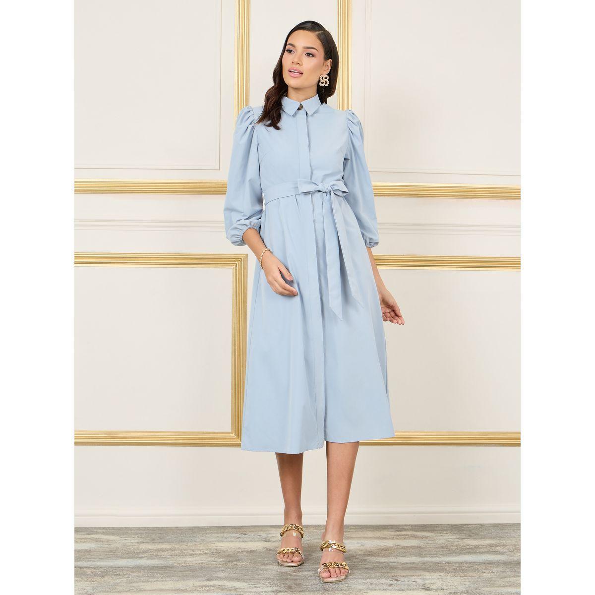 فستان ميدي سادة بأزرار مخفية ورباط خصر-women-clothing-dresses-image-1