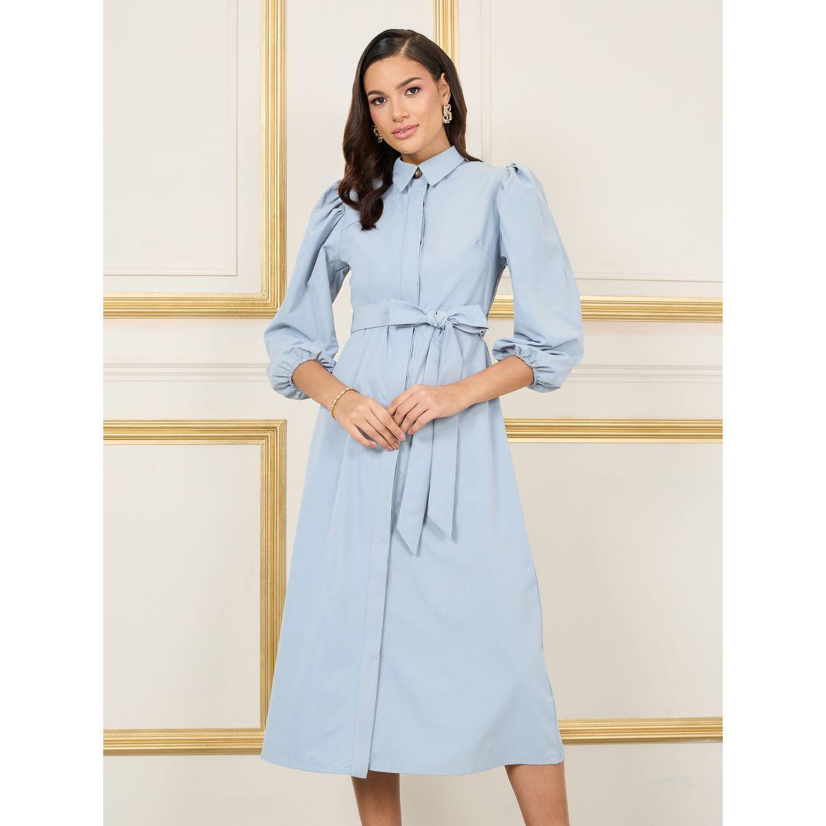 Styli Solid Concealed Placket Shirt Midi Dress with Self Tie Up-women-clothing-dresses-image-2