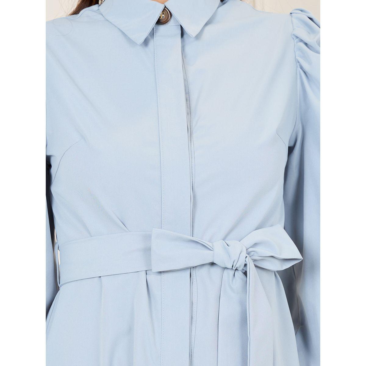 Styli Solid Concealed Placket Shirt Midi Dress with Self Tie Up-women-clothing-dresses-image-3