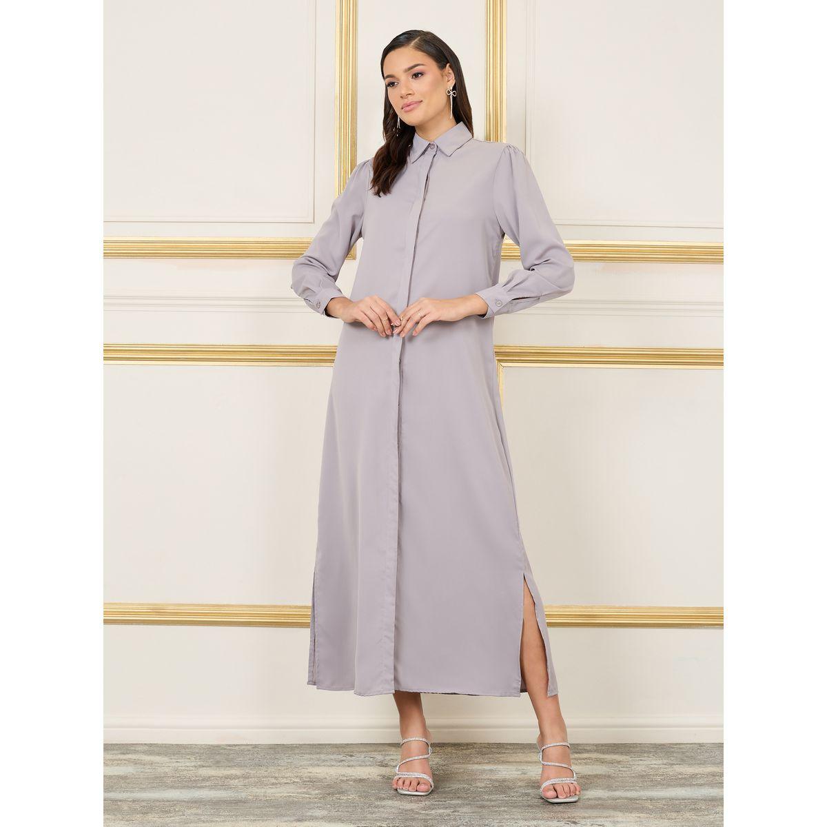 Styli Solid Concealed Placket Shirt Maxi Dress-women-clothing-dresses-image-1