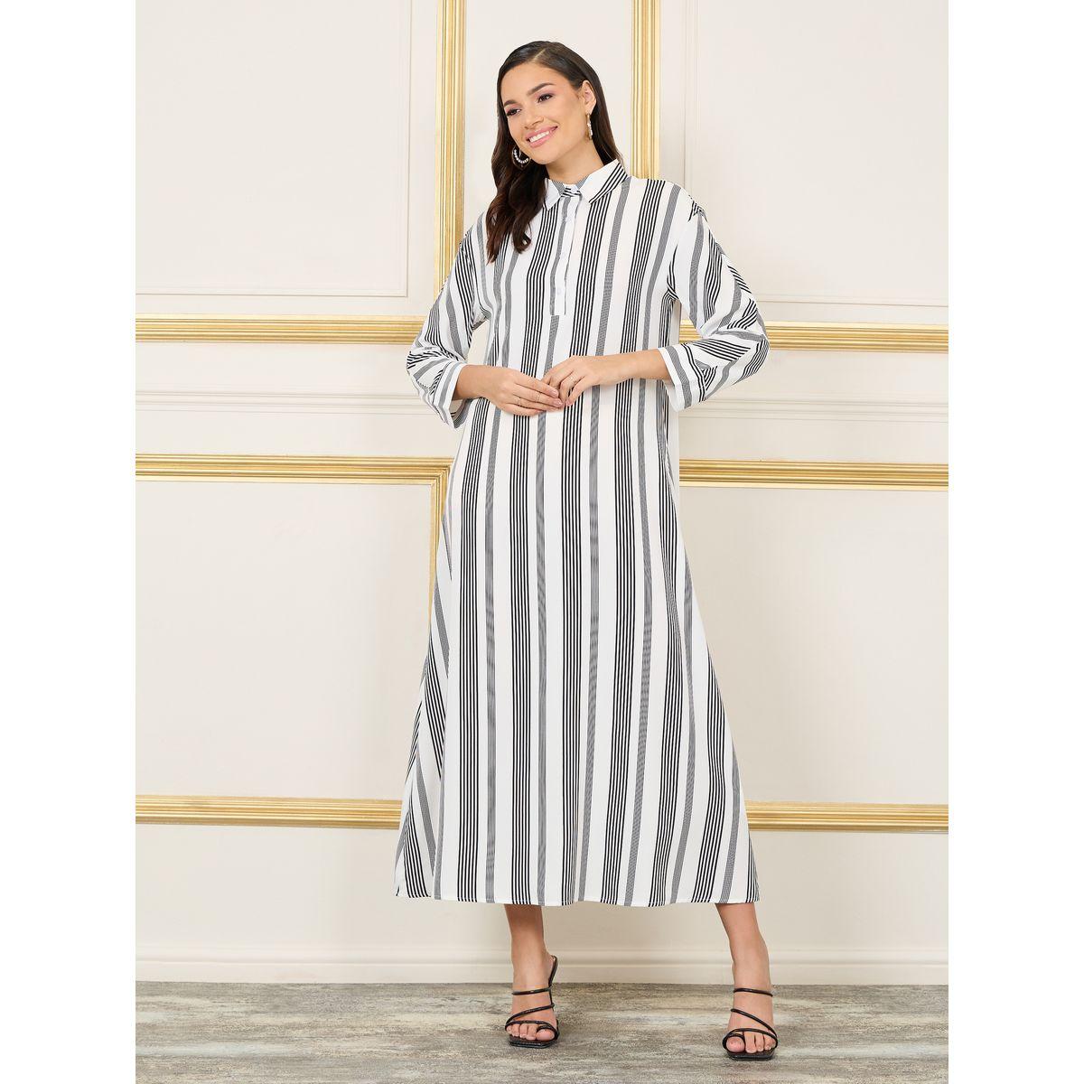 فستان طويل مخطط مع اكتاف منخفضة-women-clothing-dresses-image-1