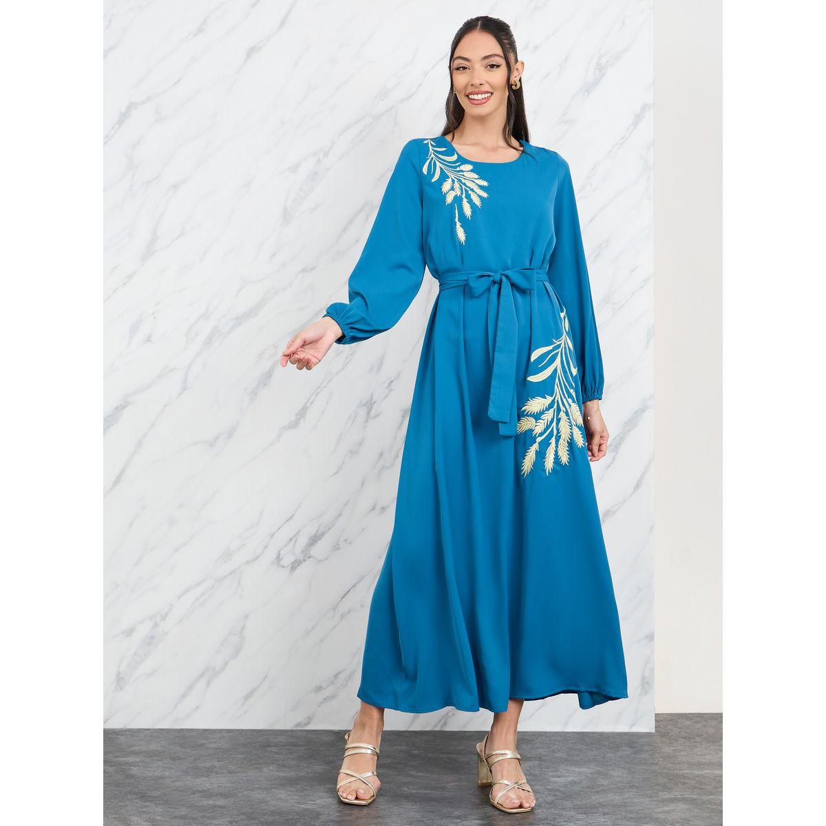 Styli Leaf Embroidered Self Tie Up A-Line Maxi Dress-women-clothing-dresses-image-1