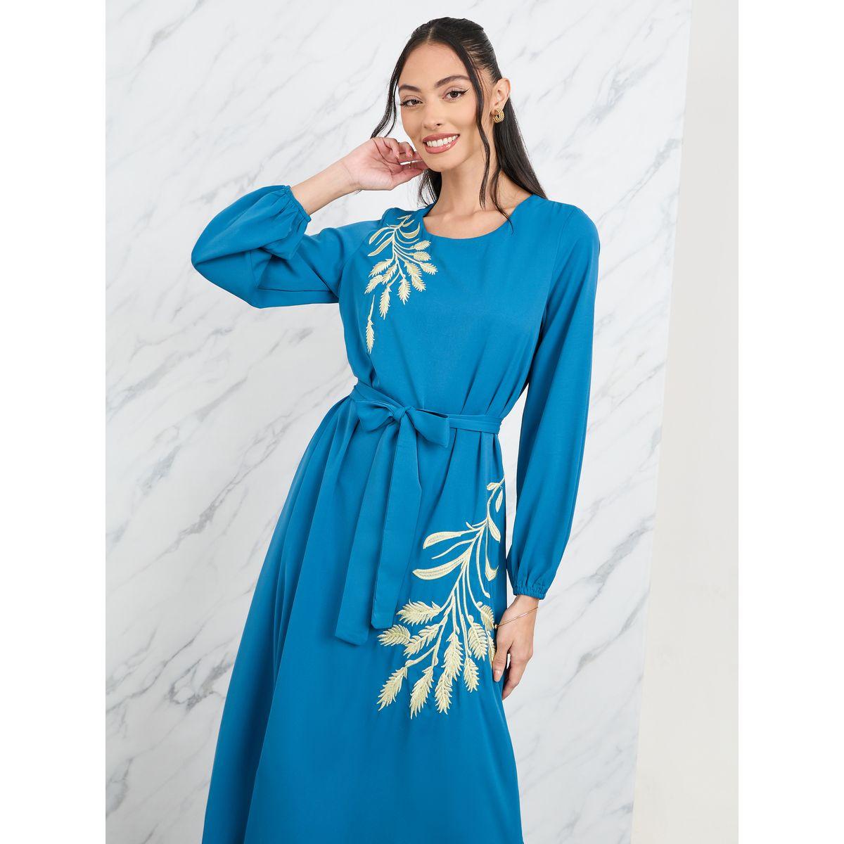 Styli Leaf Embroidered Self Tie Up A-Line Maxi Dress-women-clothing-dresses-image-2