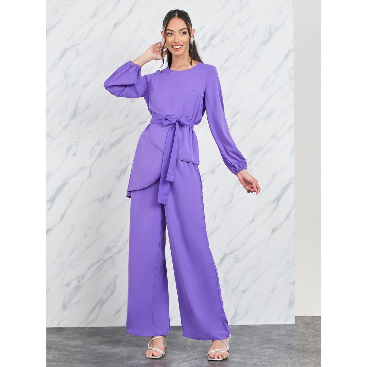 Styli Asymmetrical Hem Blouse with Tie Up Belt & Straight Leg Pant Co-Ord-women-clothing-coordsets-image-1
