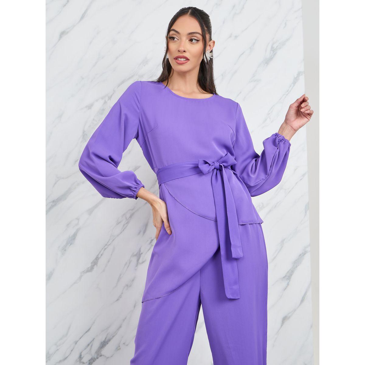 بنطال بأرجل مستقيمة مع بلوزة برباط خصر-women-clothing-coordsets-image-2