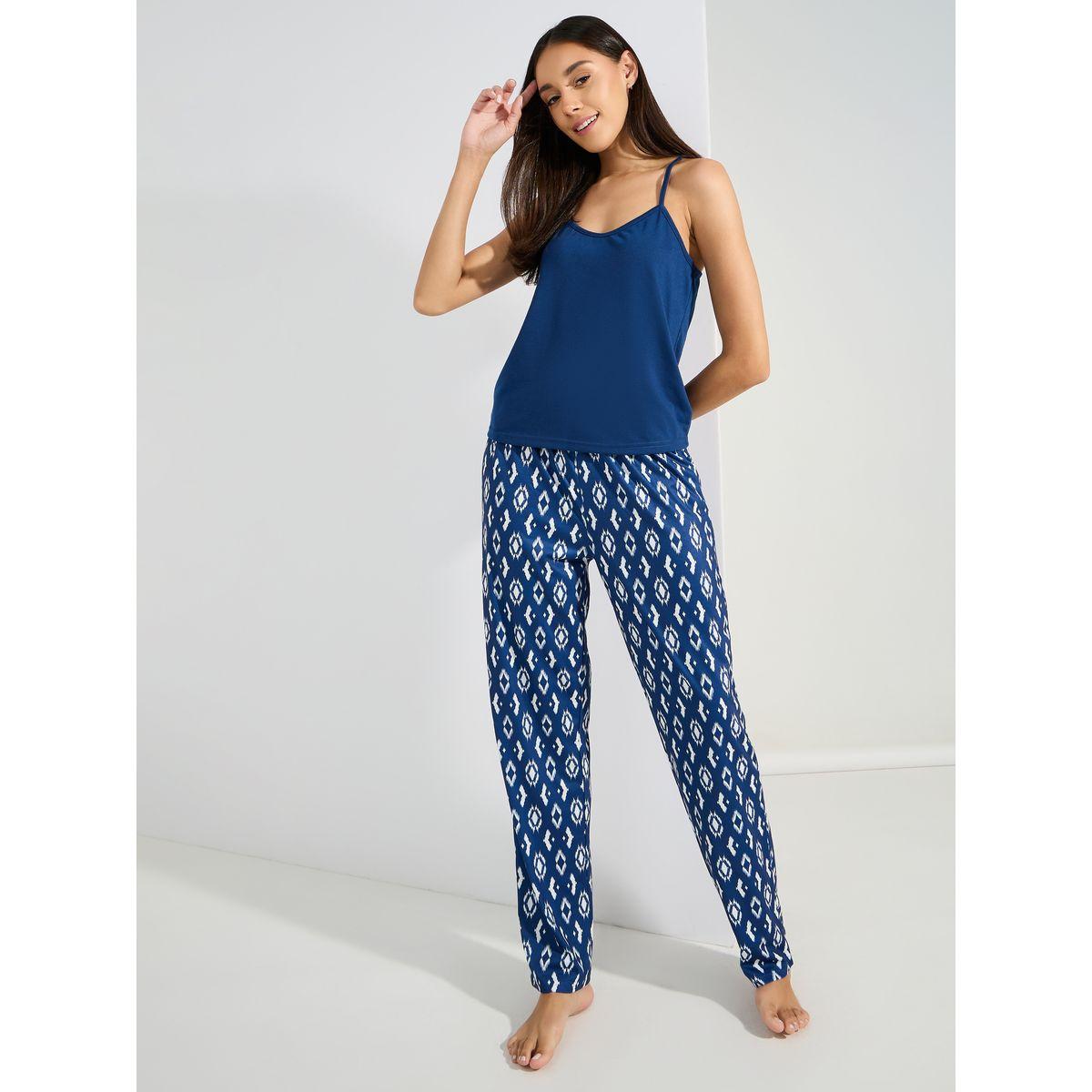 Styli Unwind Solid Cami & Geo Print Pyjama Set-women-clothing-nightwear-pyjamas-longsets-image-1
