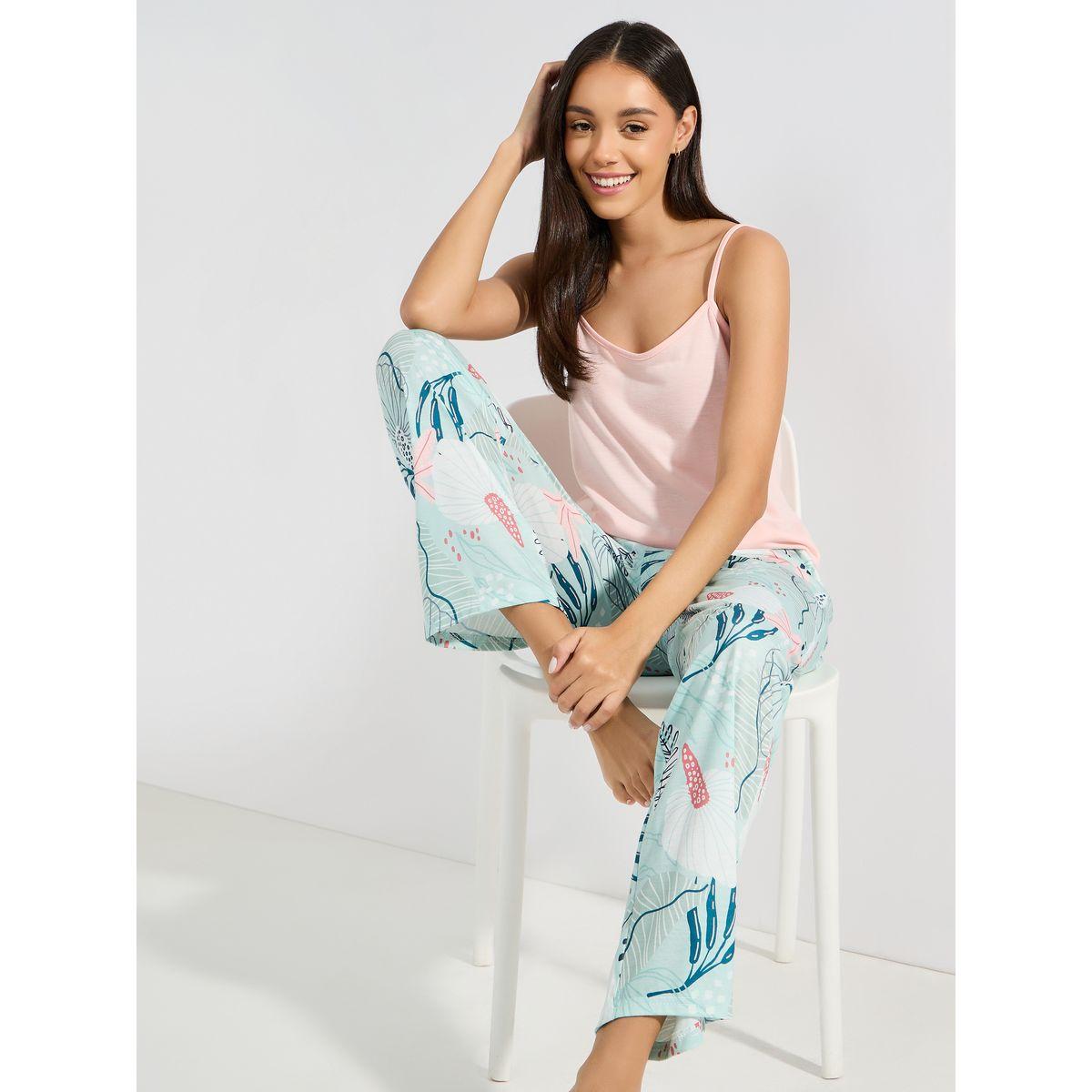 Styli Unwind Solid Cami & Tropical Print Pyjama Set-women-clothing-nightwear-pyjamas-longsets-image-1