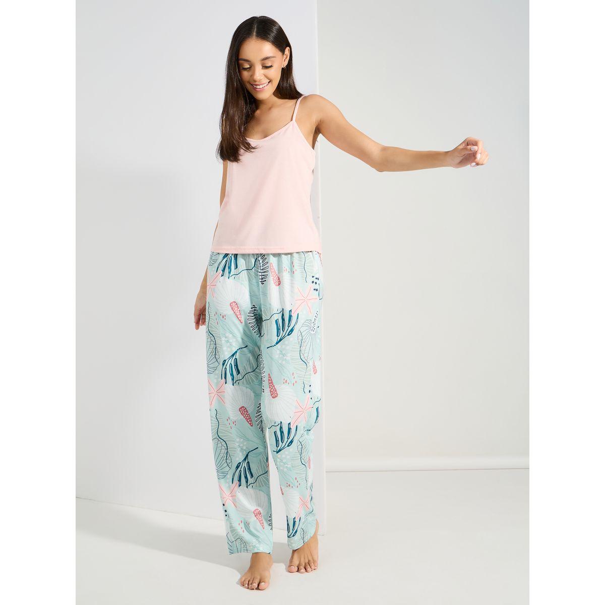 Styli Unwind Solid Cami & Tropical Print Pyjama Set-women-clothing-nightwear-pyjamas-longsets-image-2