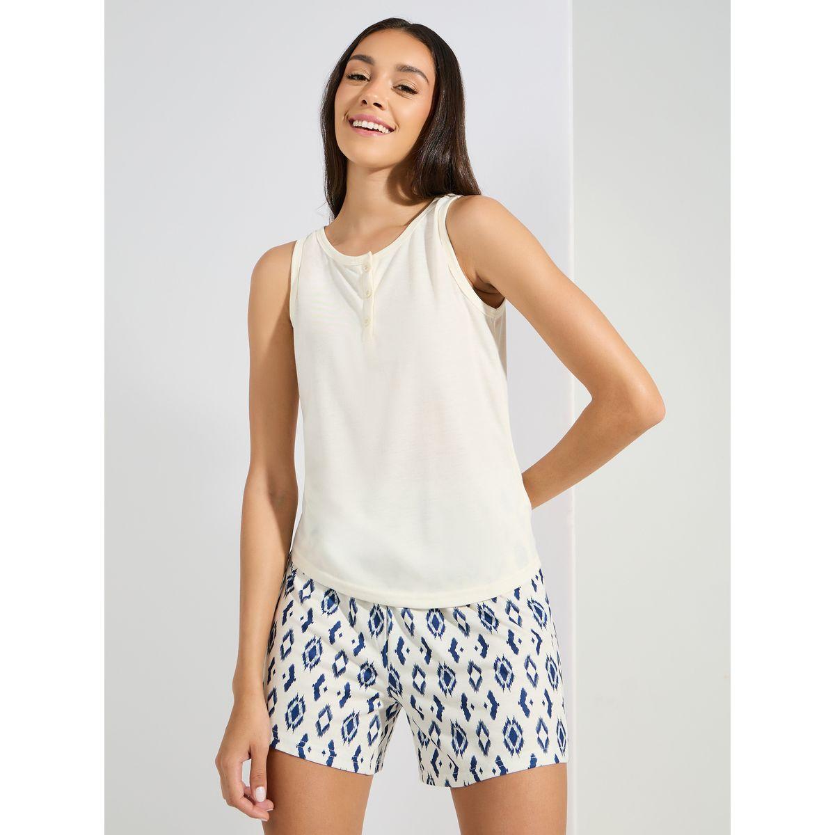 Styli Unwind Solid Button Placket Vest & Geo Print Shorts Set-women-clothing-nightwear-pyjamas-shortsets-image-1