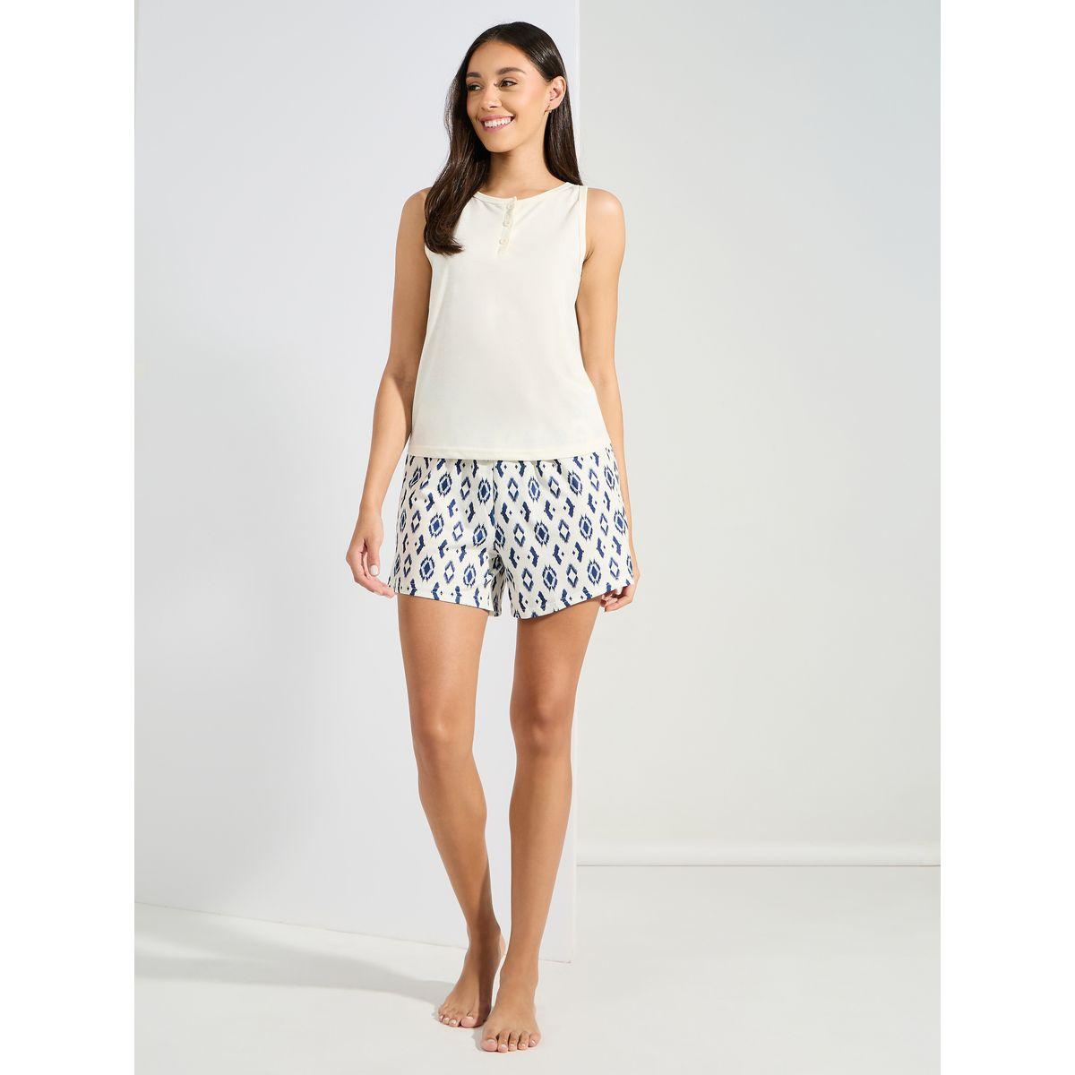 Styli Unwind Solid Button Placket Vest & Geo Print Shorts Set-women-clothing-nightwear-pyjamas-shortsets-image-2