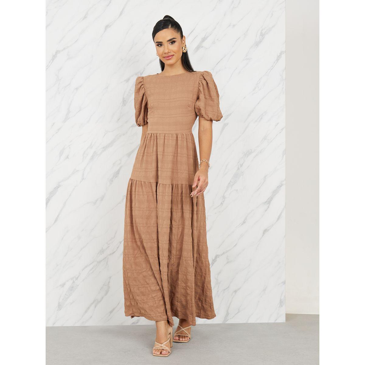 فستان طويل بكسرات واكمام منفوخة-women-clothing-dresses-image-1