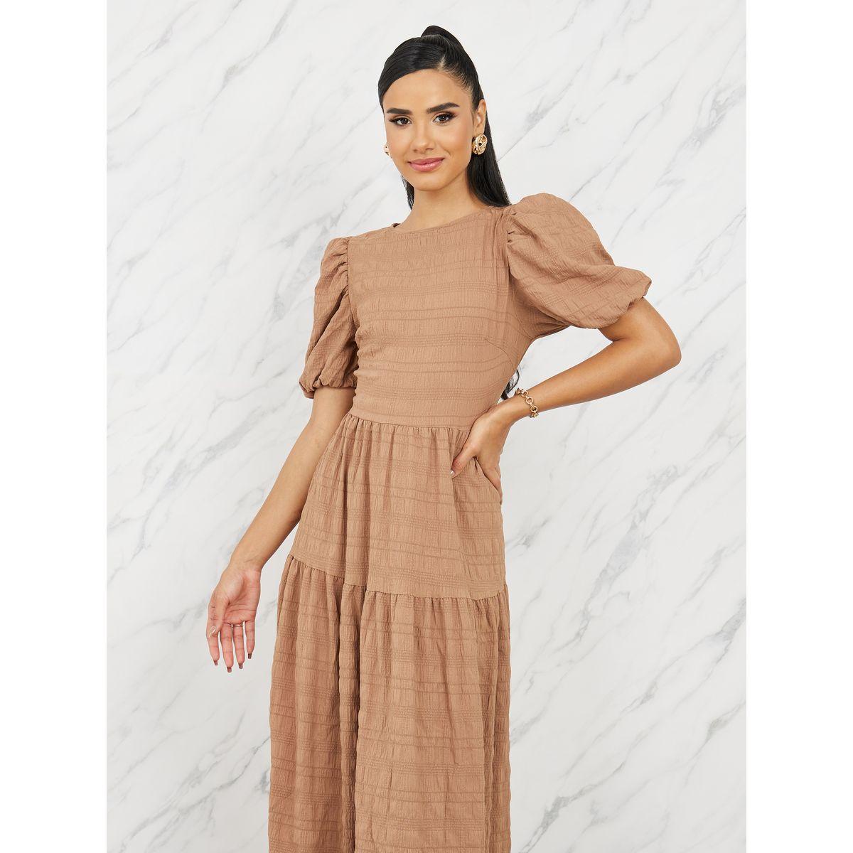 فستان طويل بكسرات واكمام منفوخة-women-clothing-dresses-image-2
