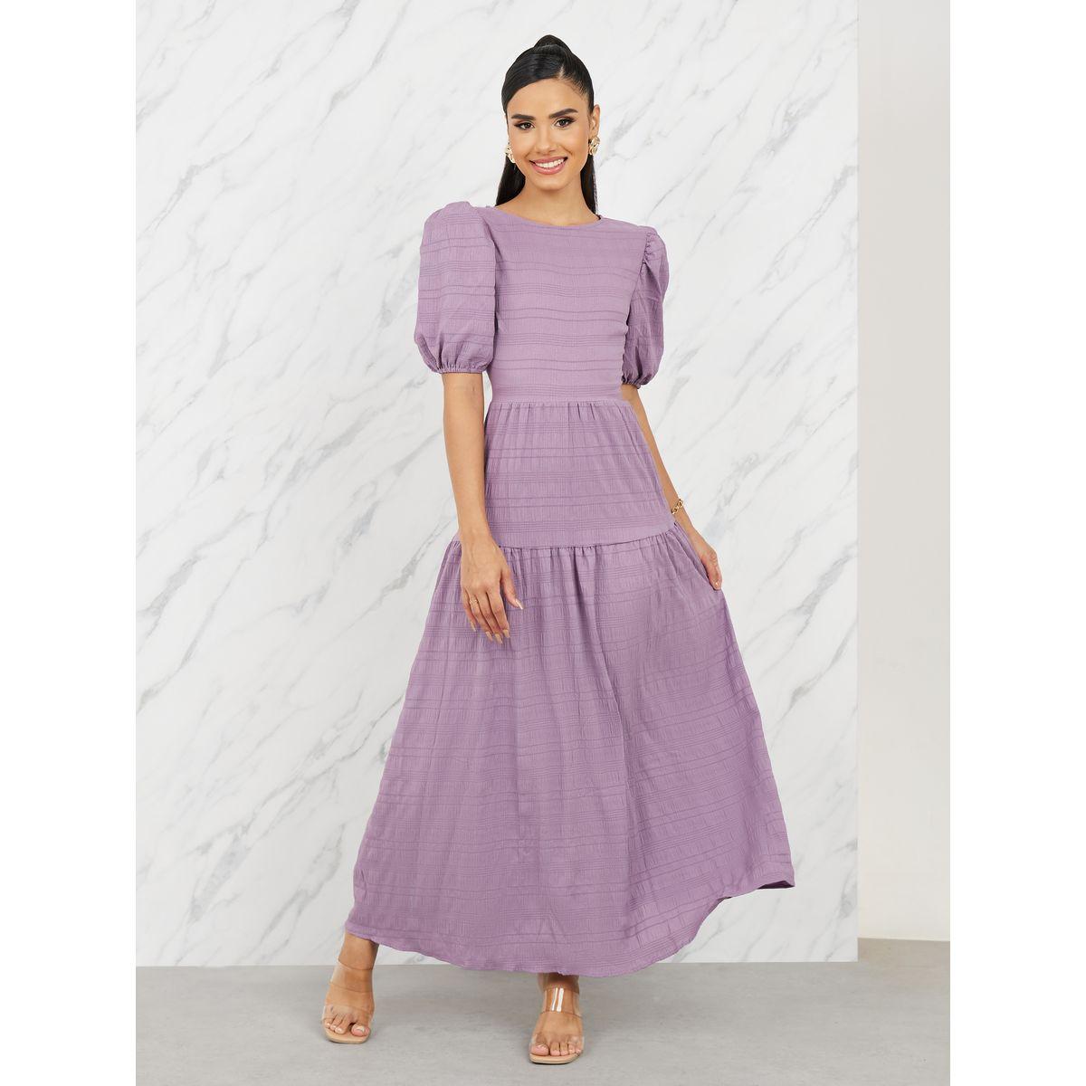 Styli Textured Puff Sleeves Tiered Maxi Dress-women-clothing-dresses-image-1