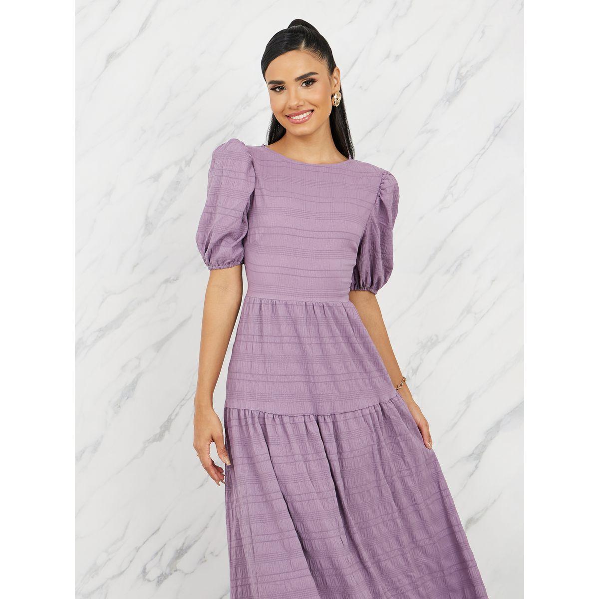 Styli Textured Puff Sleeves Tiered Maxi Dress-women-clothing-dresses-image-2