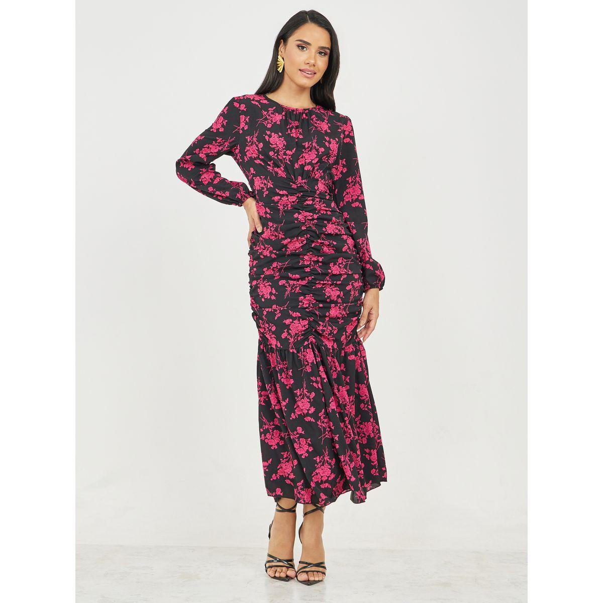 فستان طويل بطبعة زهور وتفاصيل مزمومة-women-clothing-dresses-image-1