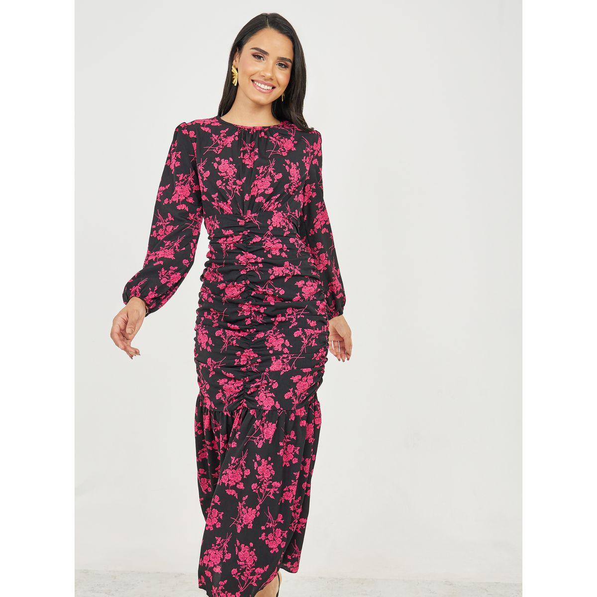 فستان طويل بطبعة زهور وتفاصيل مزمومة-women-clothing-dresses-image-2