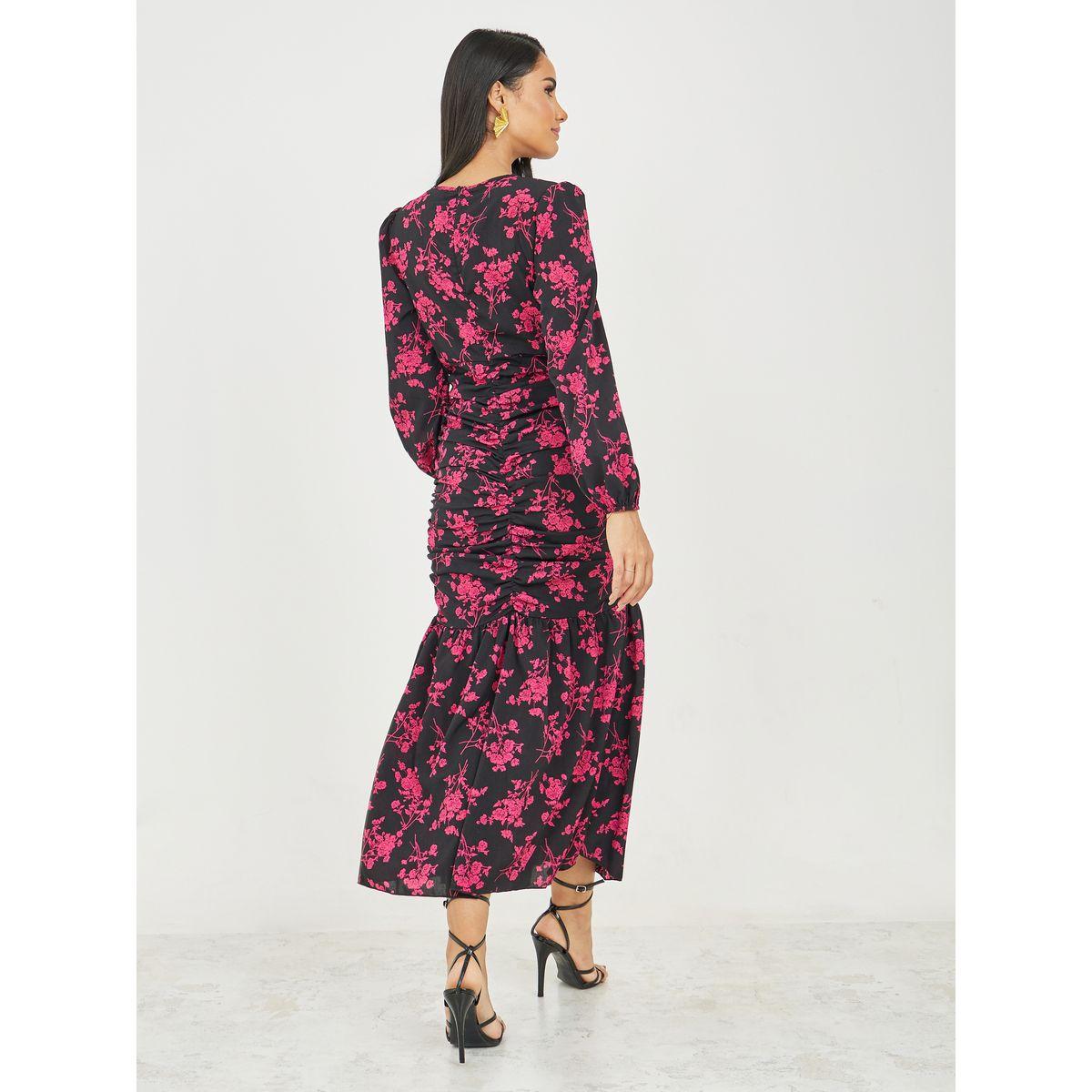 فستان طويل بطبعة زهور وتفاصيل مزمومة-women-clothing-dresses-image-4