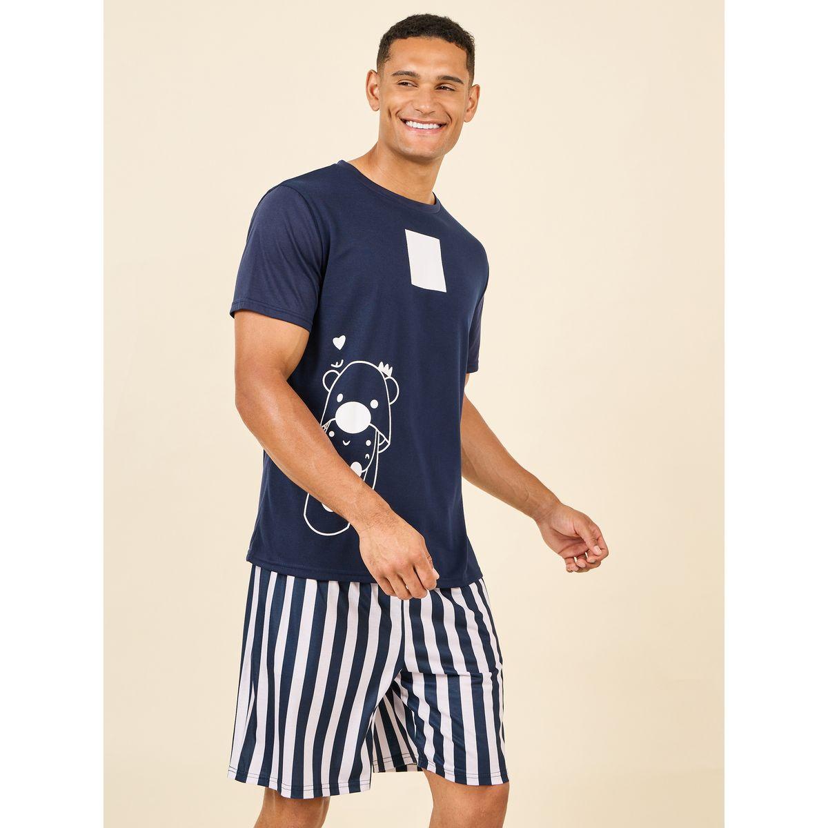 Styli Unwind Teddy Graphic Print Crew Neck T-Shirt and Striped Short Set-men-clothing-nightwear-sets-image-1