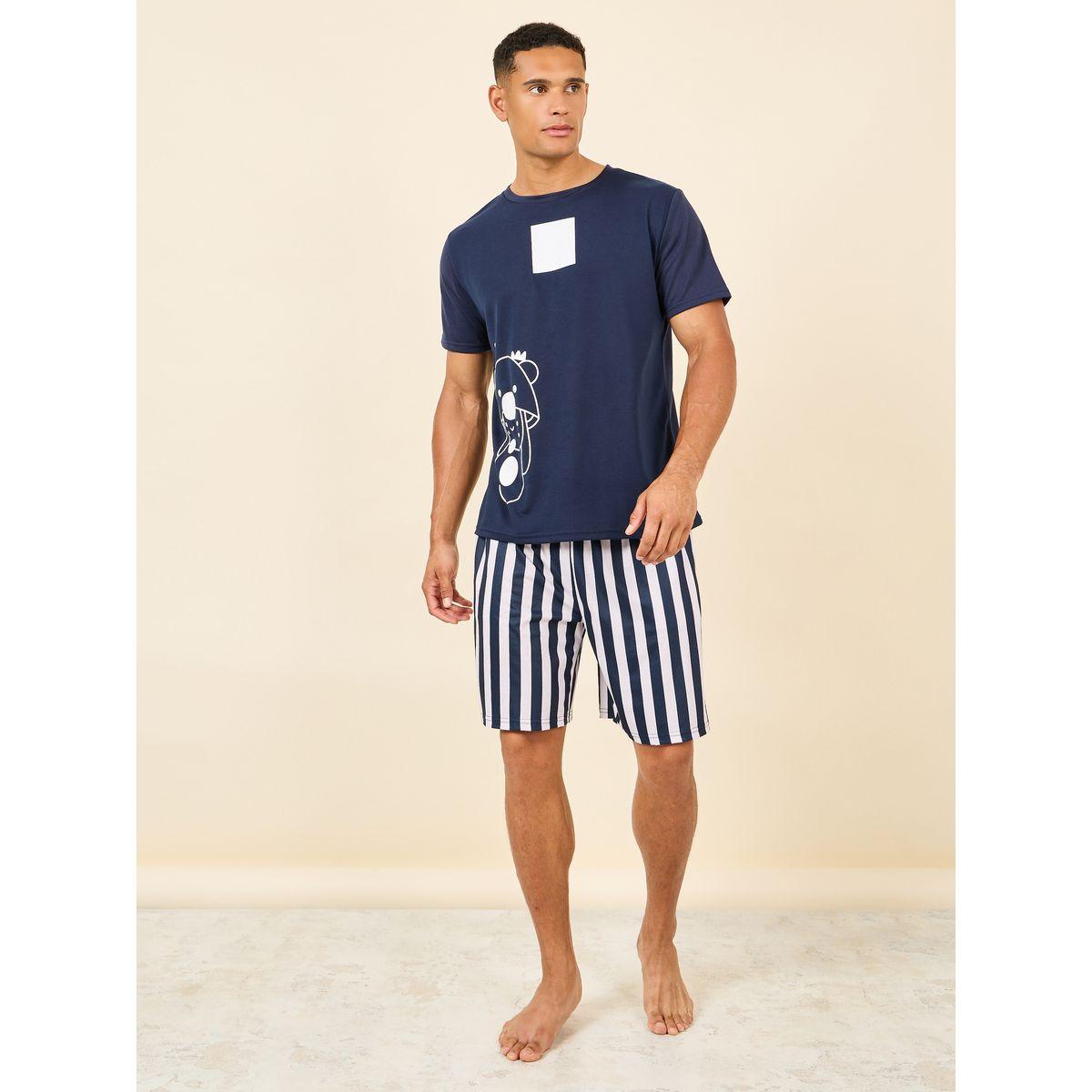 Styli Unwind Teddy Graphic Print Crew Neck T-Shirt and Striped Short Set-men-clothing-nightwear-sets-image-2