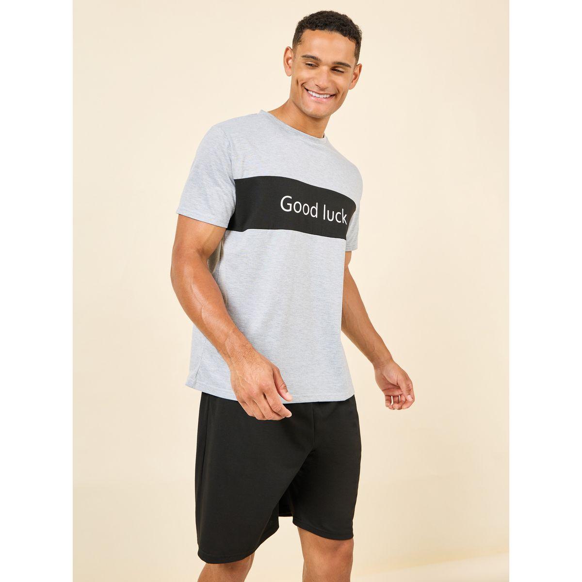 Styli Unwind Good Luck Print Crew Neck T-shirt and Short Set-men-clothing-nightwear-sets-image-1