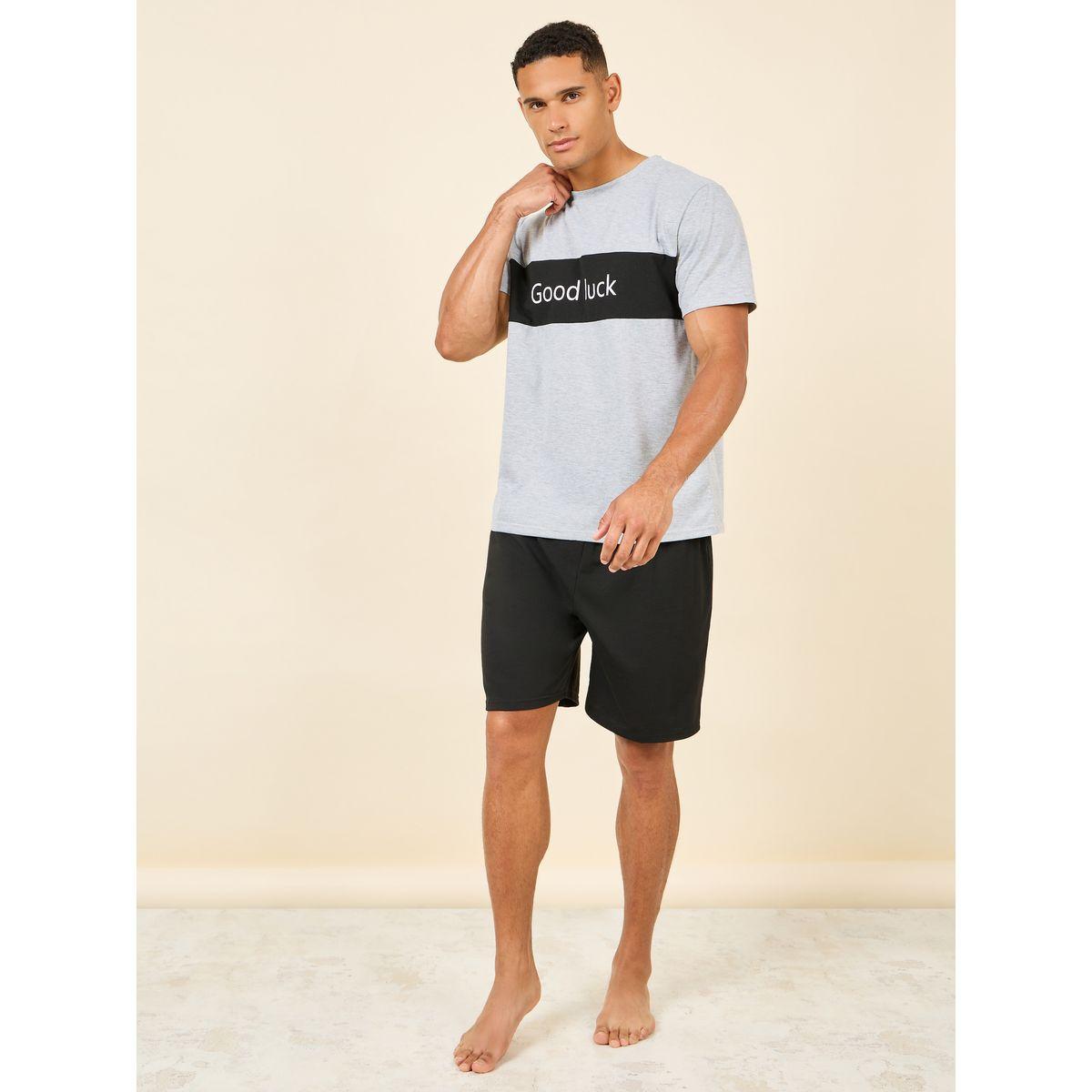 Styli Unwind Good Luck Print Crew Neck T-shirt and Short Set-men-clothing-nightwear-sets-image-2