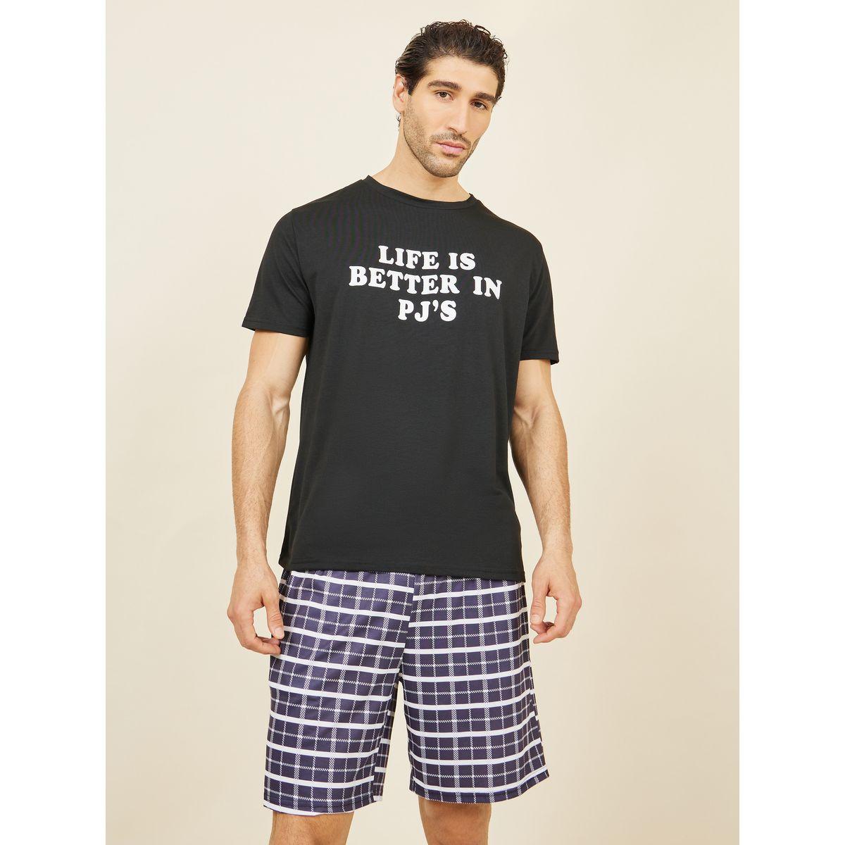 Styli Unwind Slogan Print Crew Neck T-shirt and Checkered Short Set-men-clothing-nightwear-sets-image-2