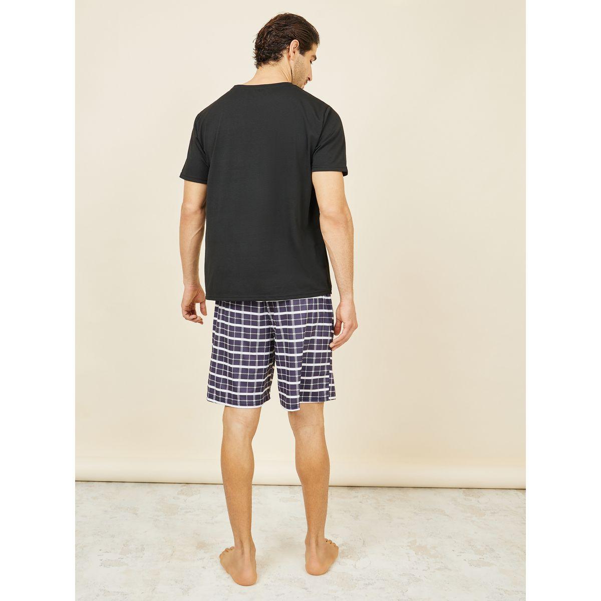Styli Unwind Slogan Print Crew Neck T-shirt and Checkered Short Set-men-clothing-nightwear-sets-image-5