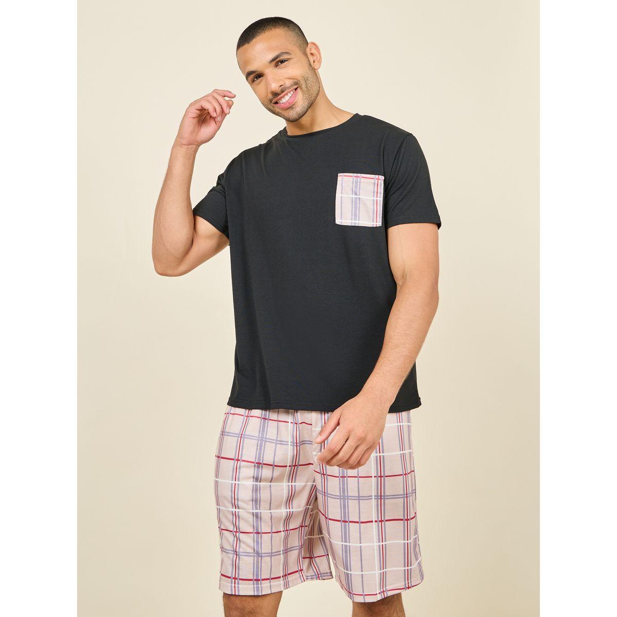 Styli Unwind Solid Plaid Print Pocket Detail T-shirt and Short Set-men-clothing-nightwear-sets-image-1