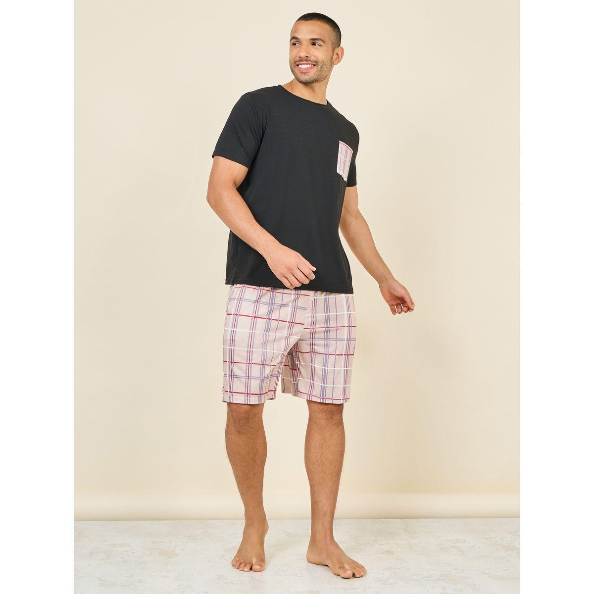 Styli Unwind Solid Plaid Print Pocket Detail T-shirt and Short Set-men-clothing-nightwear-sets-image-2