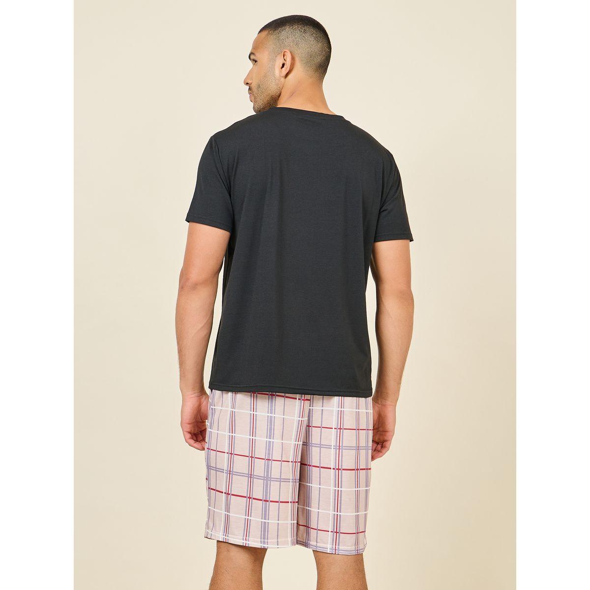 Styli Unwind Solid Plaid Print Pocket Detail T-shirt and Short Set-men-clothing-nightwear-sets-image-5