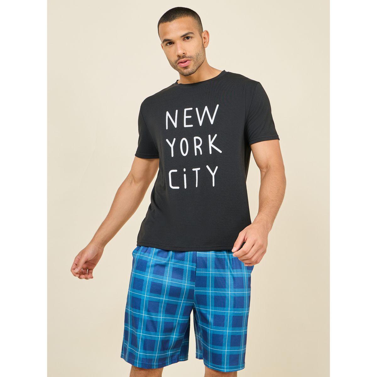 Styli Unwind New York City Print Crew Neck T-shirt and Checkered Short Set-men-clothing-nightwear-sets-image-1