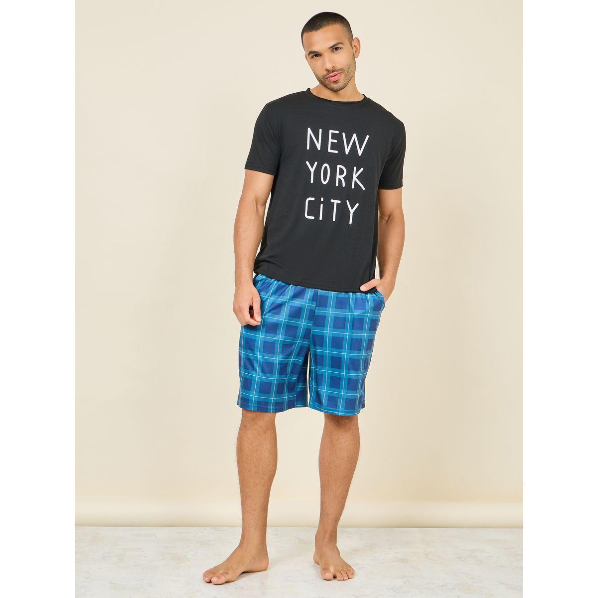 Styli Unwind New York City Print Crew Neck T-shirt and Checkered Short Set-men-clothing-nightwear-sets-image-2