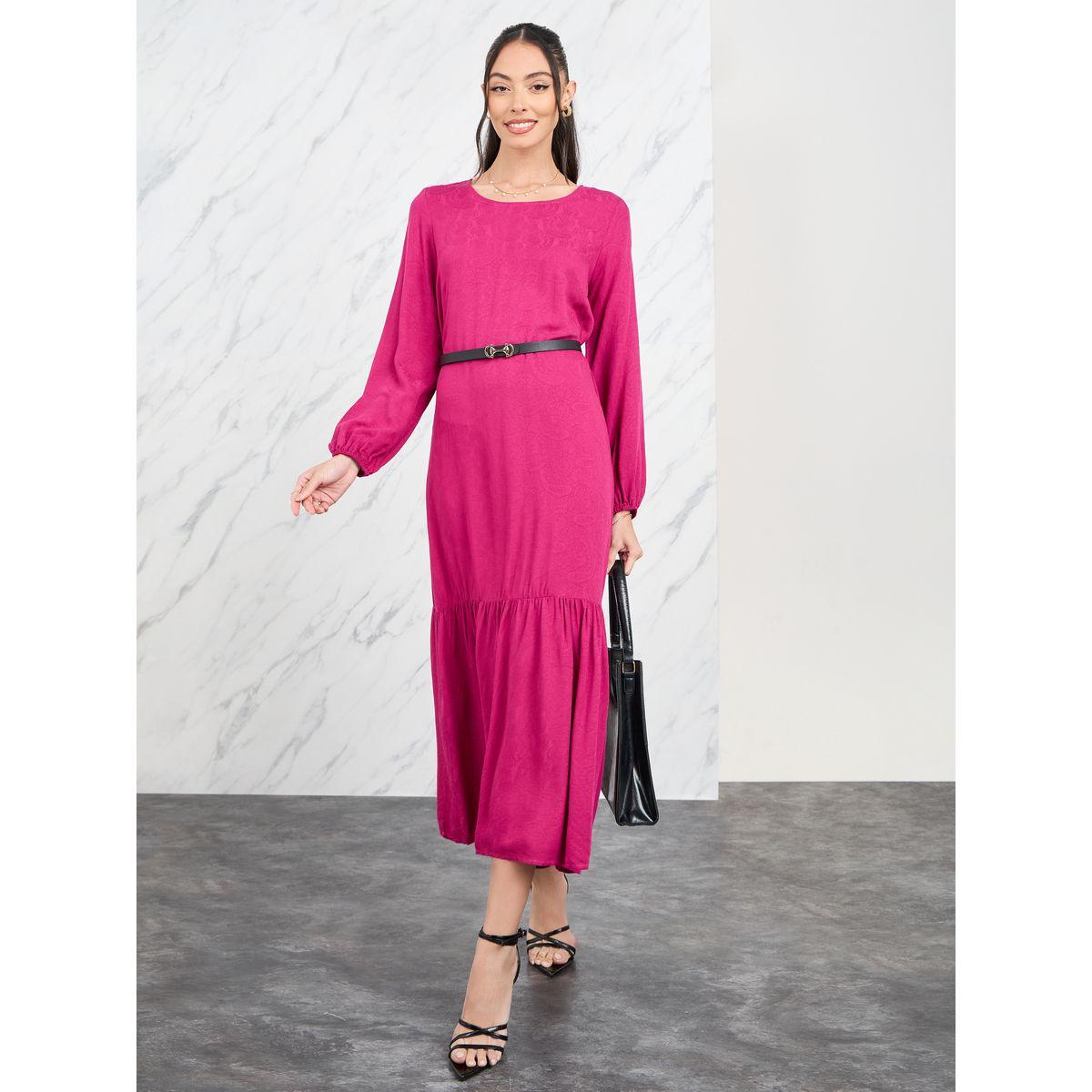 Styli Floral Jacquard Print Ruffle Hem A-Line Midi Dress with Belt-women-clothing-dresses-image-1