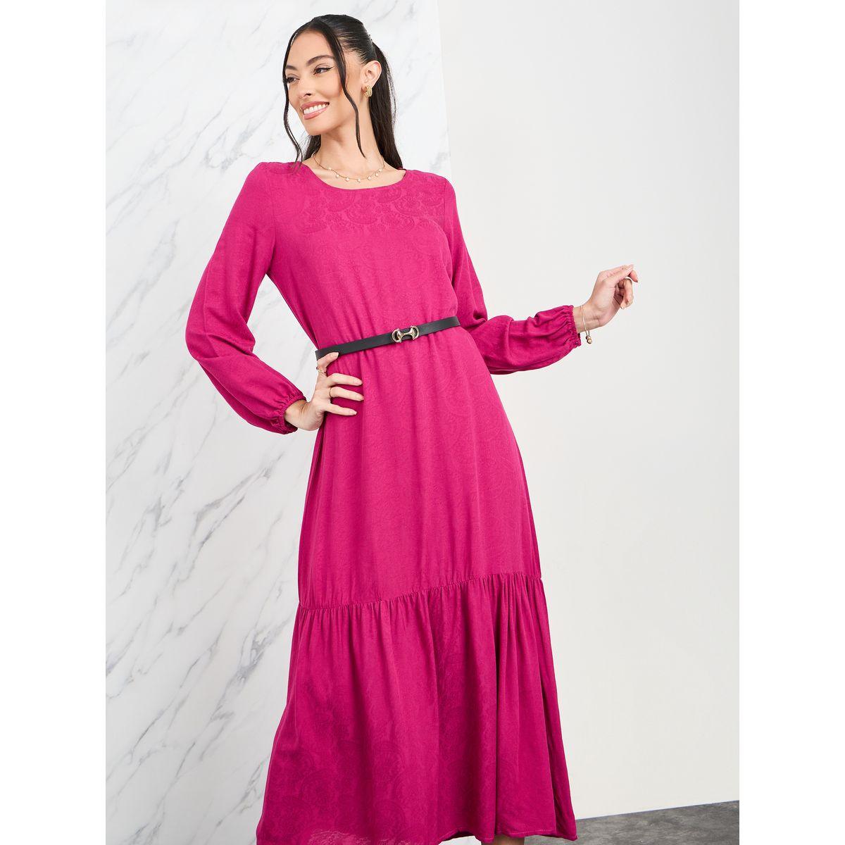 Styli Floral Jacquard Print Ruffle Hem A-Line Midi Dress with Belt-women-clothing-dresses-image-2
