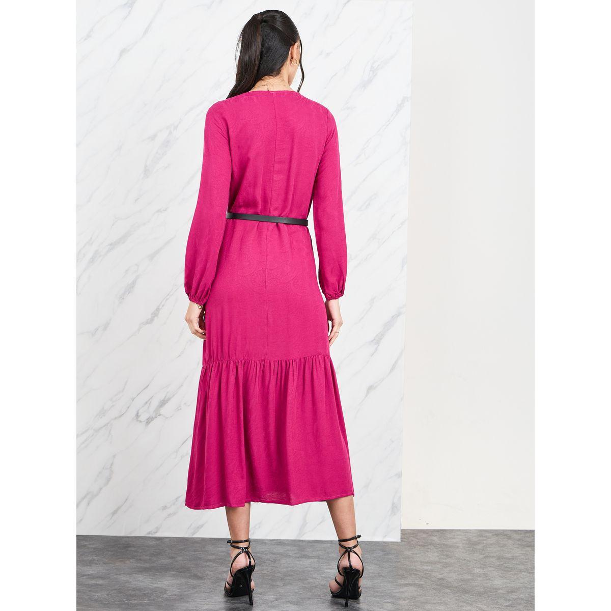 Styli Floral Jacquard Print Ruffle Hem A-Line Midi Dress with Belt-women-clothing-dresses-image-4