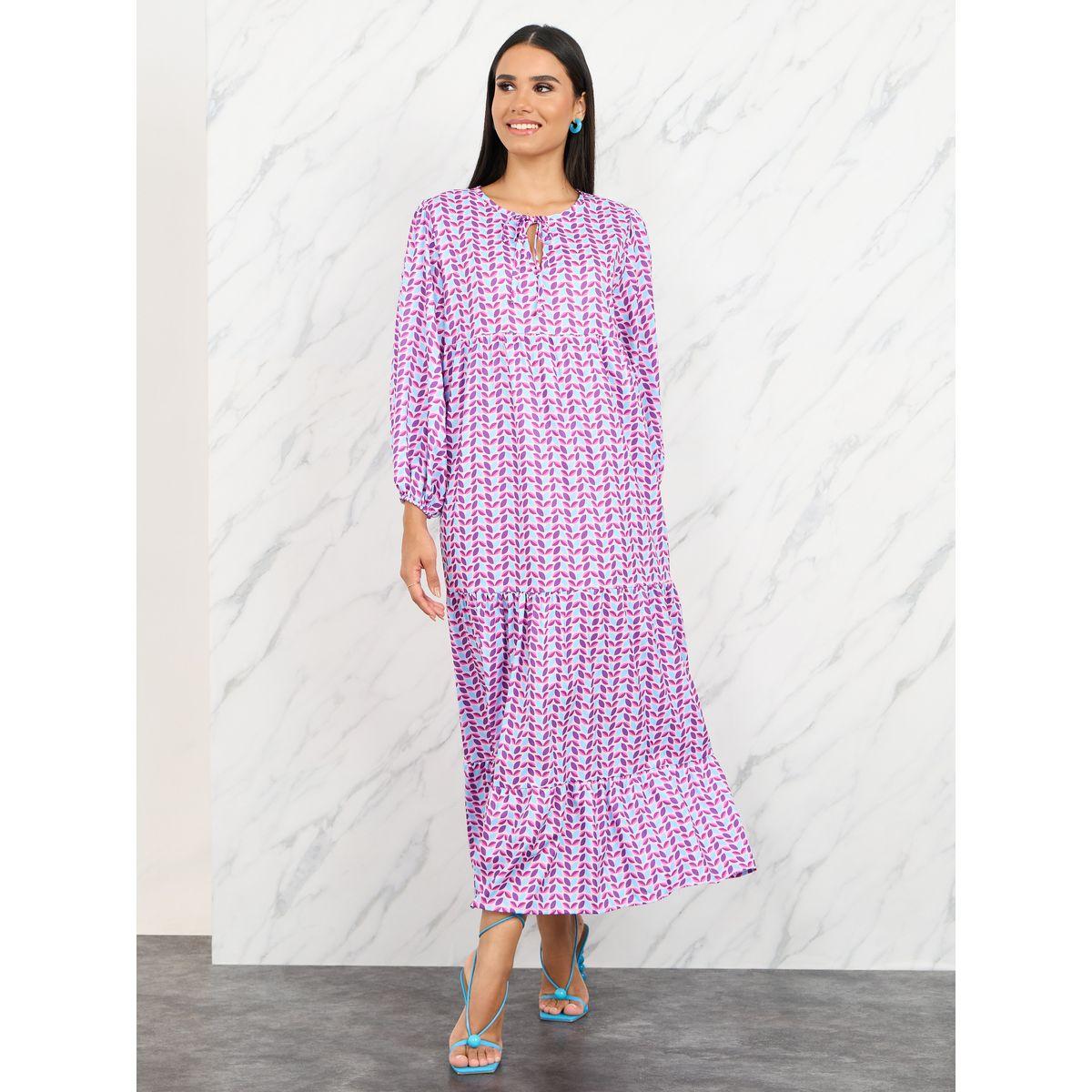 Styli Leaf All Over Print A-Line Tiered Midi Dress-women-clothing-dresses-image-1