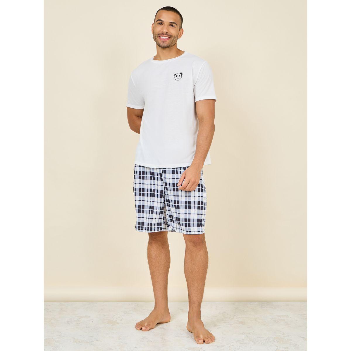 Styli Unwind Panda Print Crew Neck T-shirt and Checkered  Short Set-men-clothing-nightwear-sets-image-2