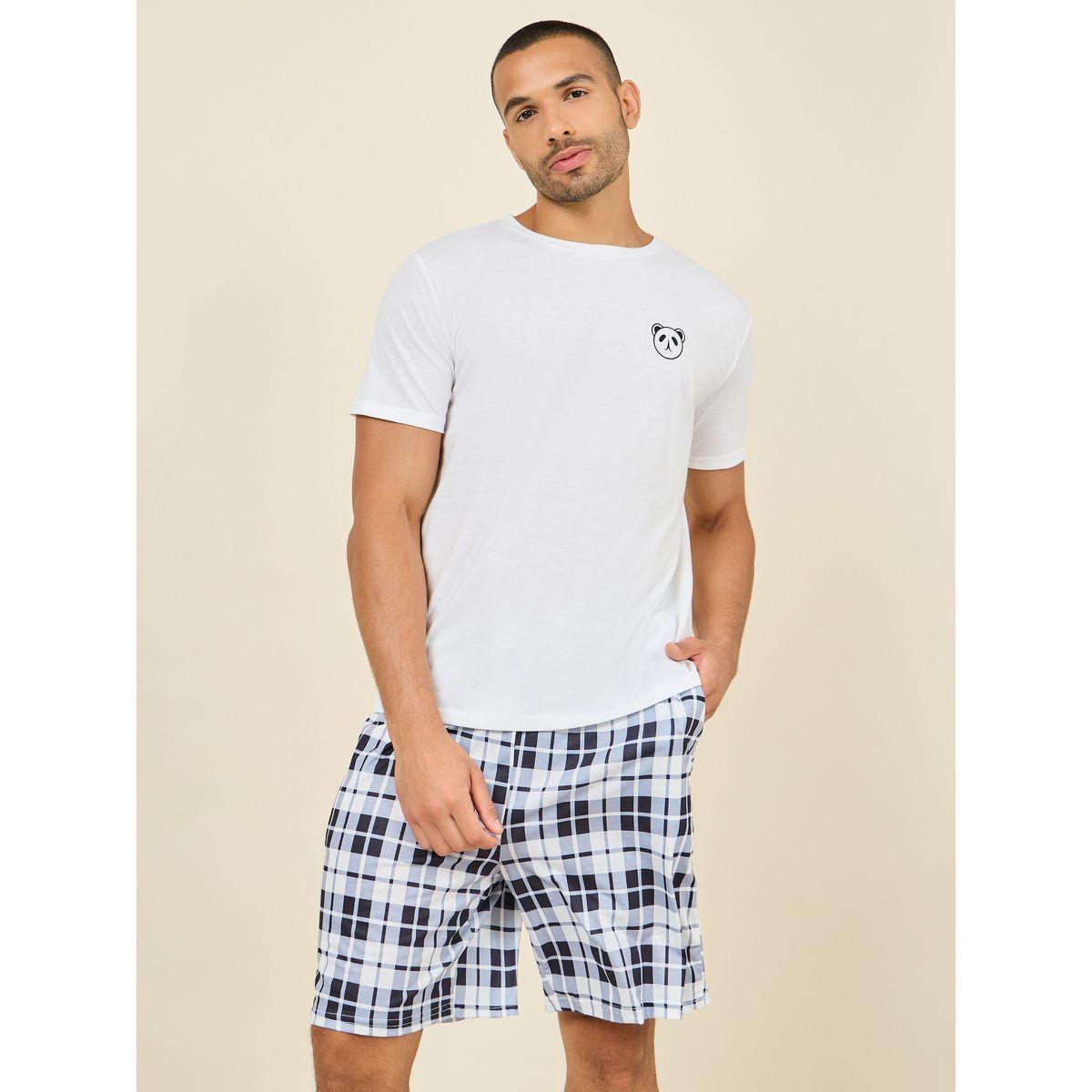 Styli Unwind Panda Print Crew Neck T-shirt and Checkered  Short Set-men-clothing-nightwear-sets-image-3