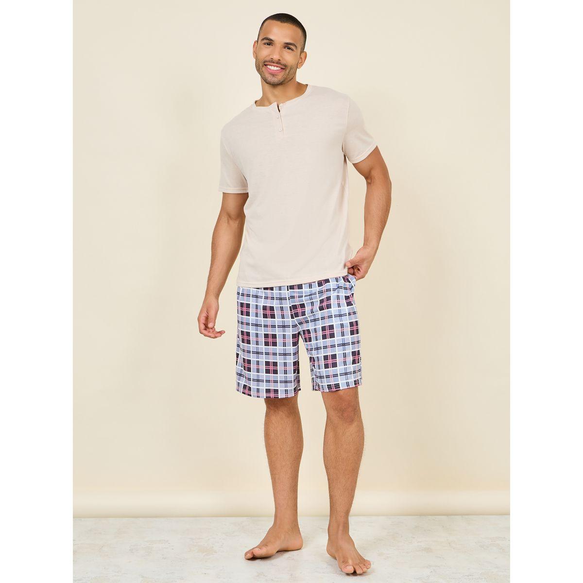 Styli Unwind Solid Henley Neck T-shirt and Checkered Short Set-men-clothing-nightwear-sets-image-1