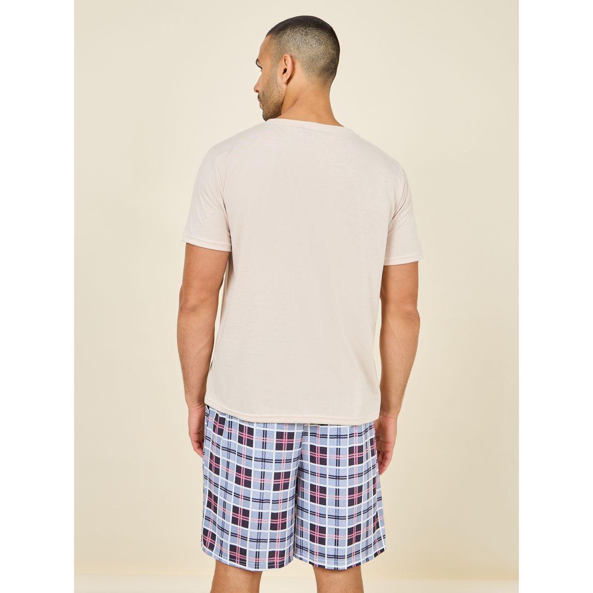 Styli Unwind Solid Henley Neck T-shirt and Checkered Short Set-men-clothing-nightwear-sets-image-5