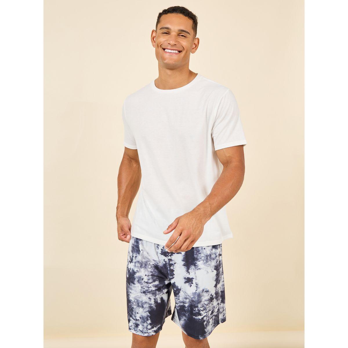 Styli Unwind Solid Crew Neck T-shirt and Abstract Print Short Set-men-clothing-nightwear-sets-image-1
