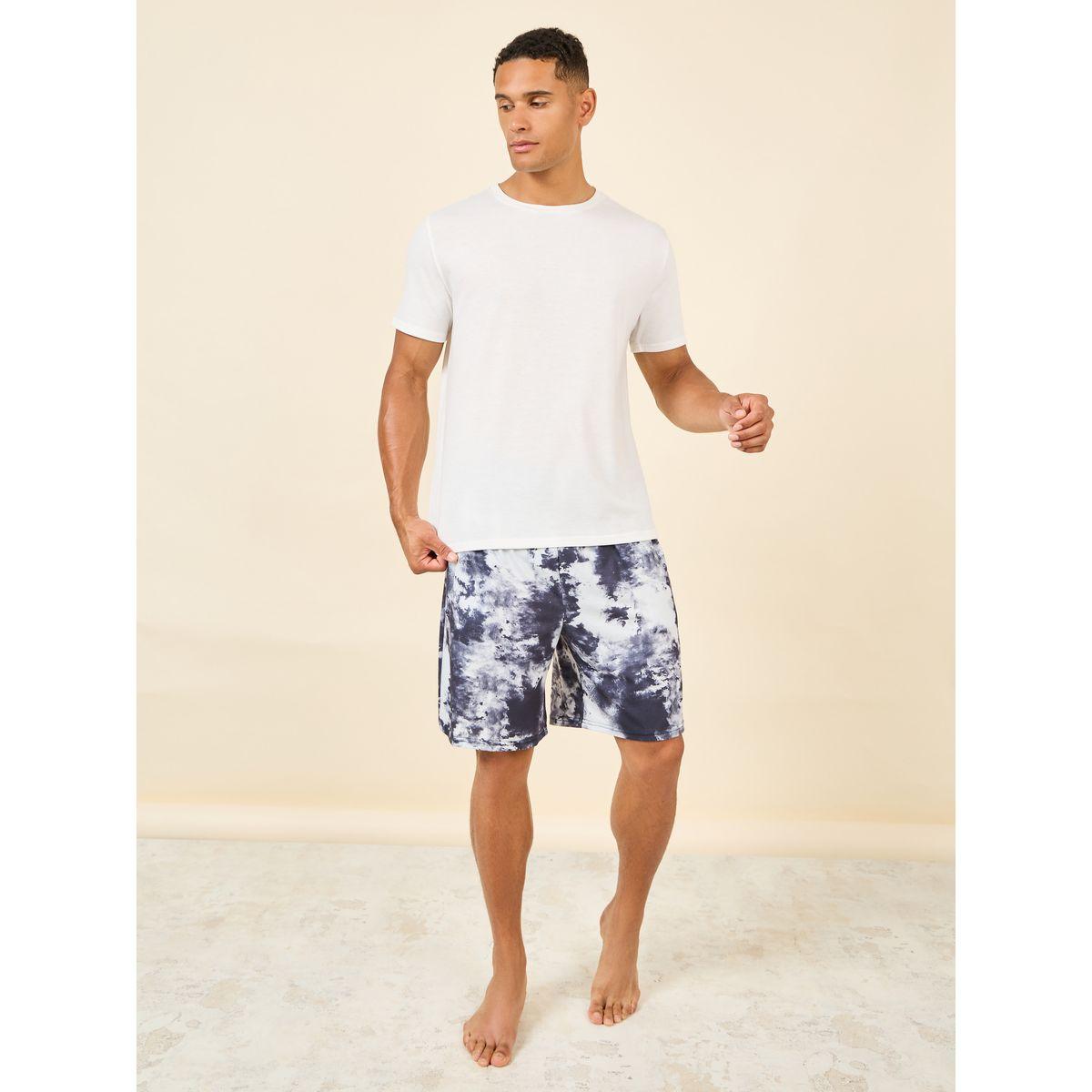 Styli Unwind Solid Crew Neck T-shirt and Abstract Print Short Set-men-clothing-nightwear-sets-image-2
