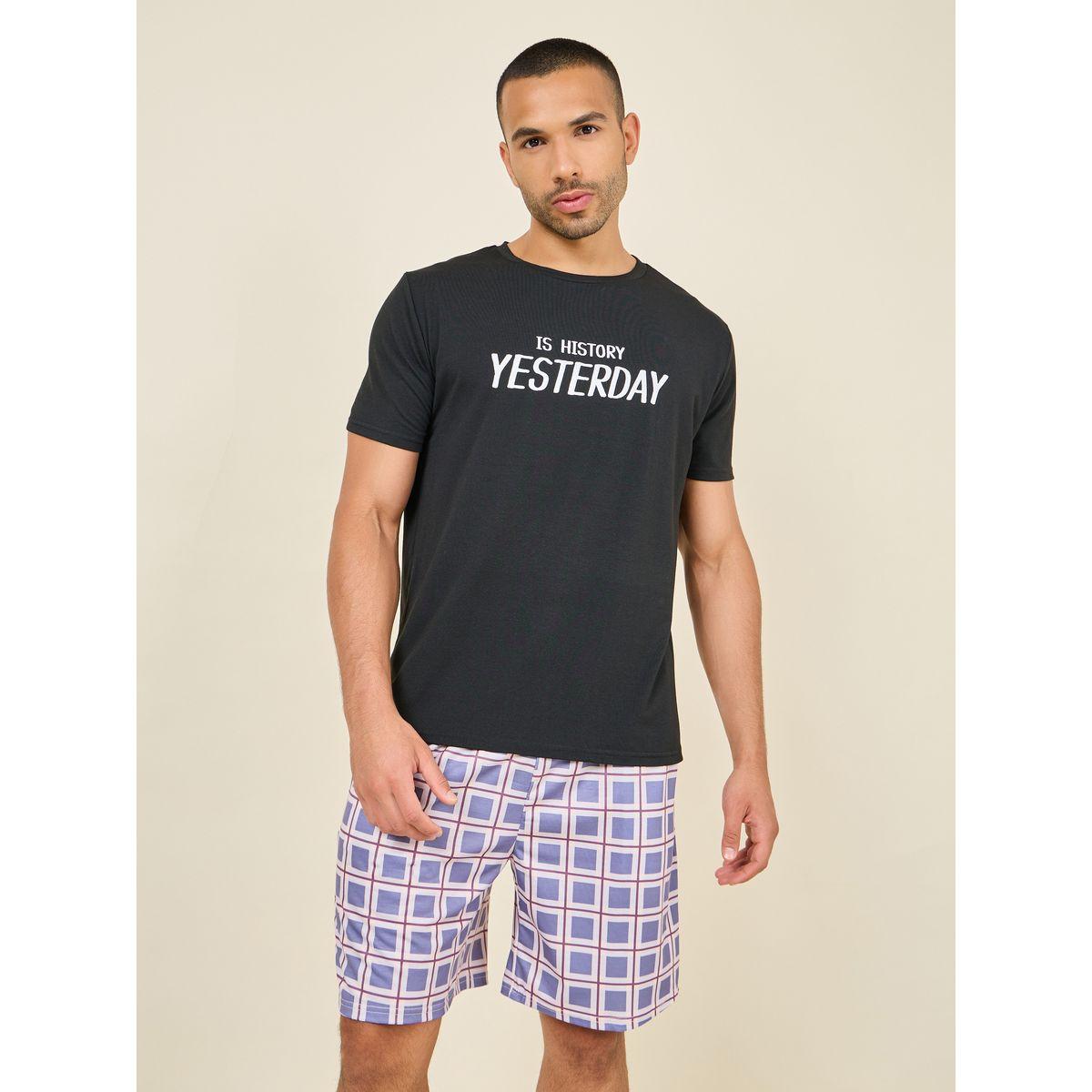 Styli Unwind Slogan Print T-shirt and Checkered Short Set-men-clothing-nightwear-sets-image-1