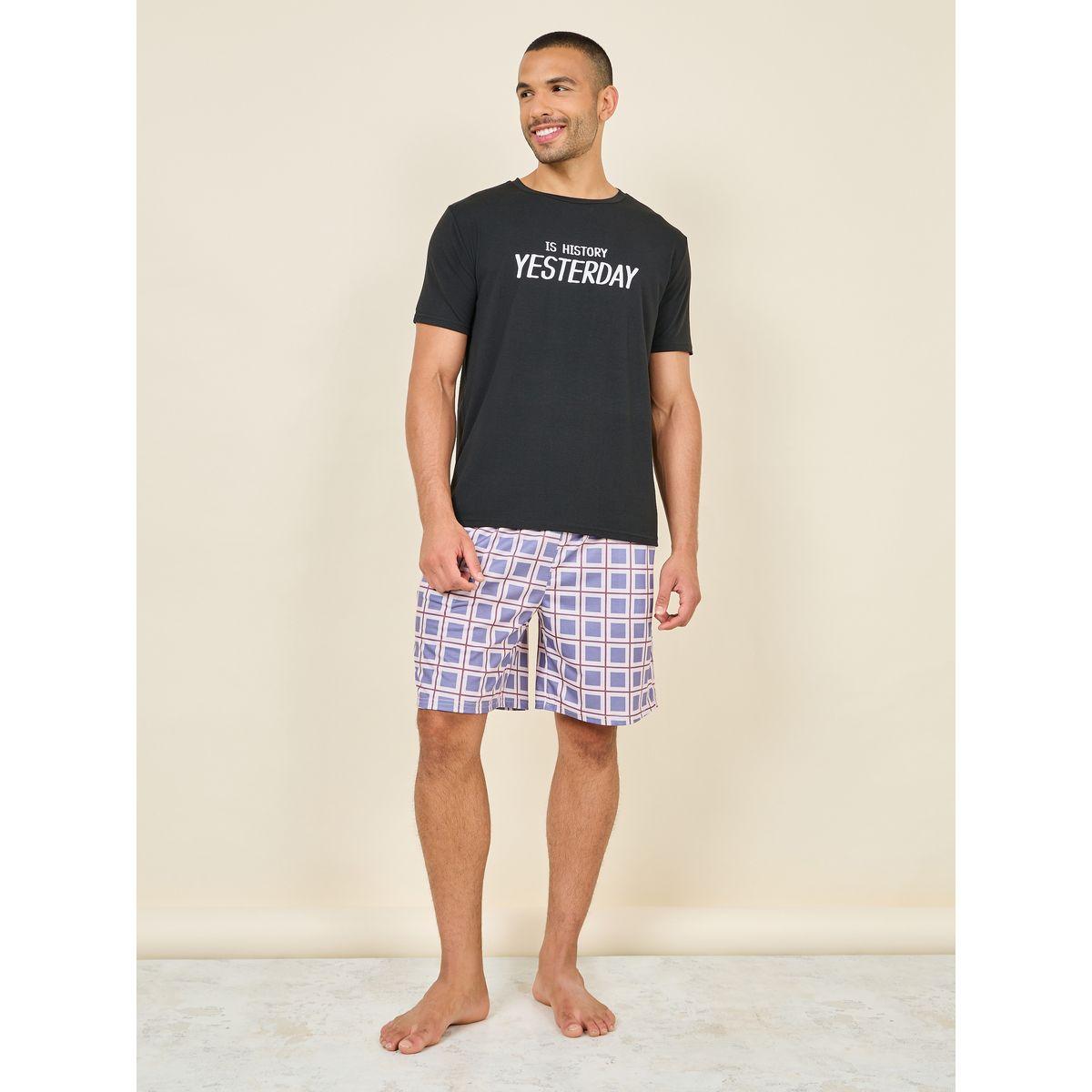 Styli Unwind Slogan Print T-shirt and Checkered Short Set-men-clothing-nightwear-sets-image-2