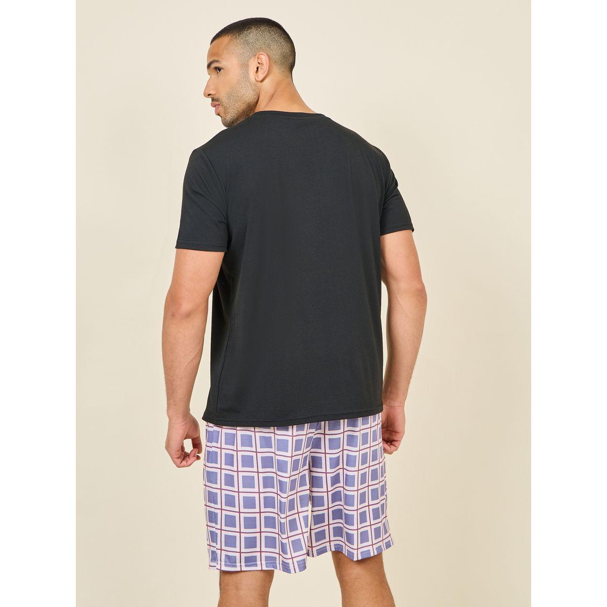Styli Unwind Slogan Print T-shirt and Checkered Short Set-men-clothing-nightwear-sets-image-5