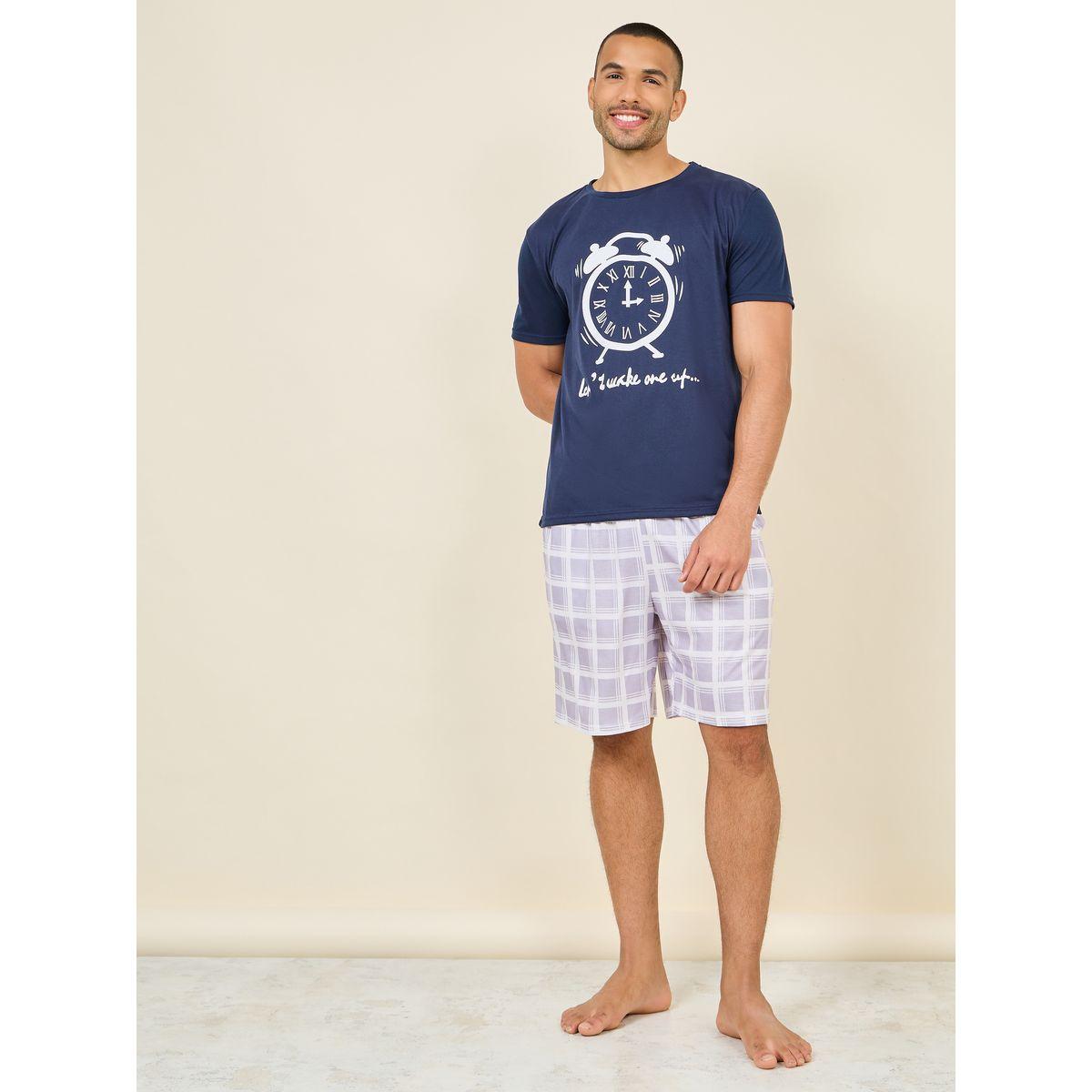Styli Unwind Clock Slogan Print T-shirt and Checkered Short Set-men-clothing-nightwear-sets-image-1