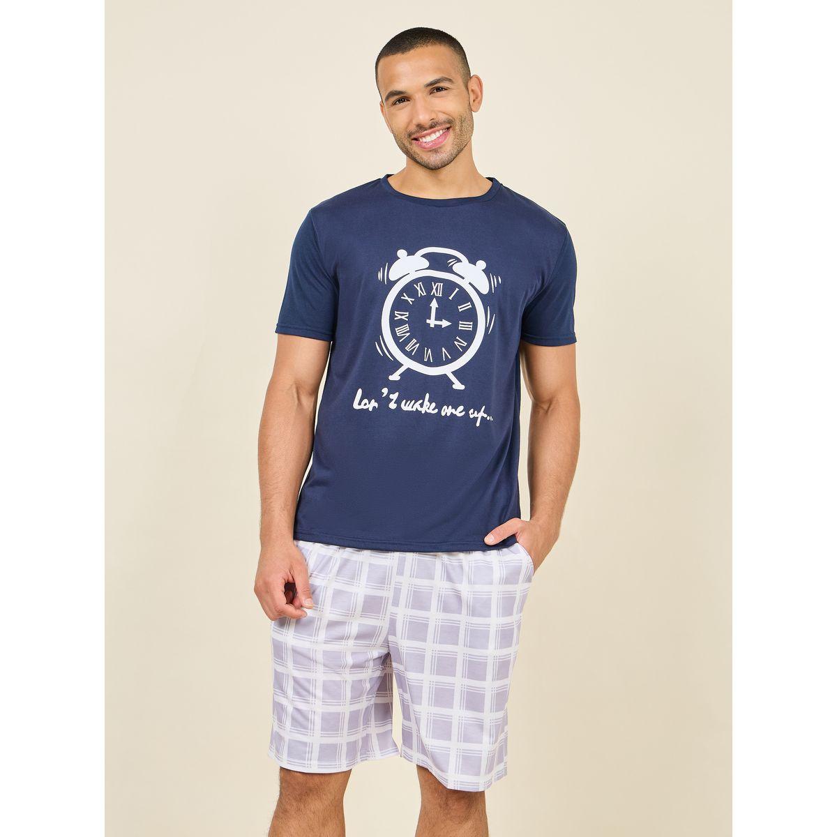 شورت كاروهات مع تيشيرت مطبع بكتابة-men-clothing-nightwear-sets-image-2