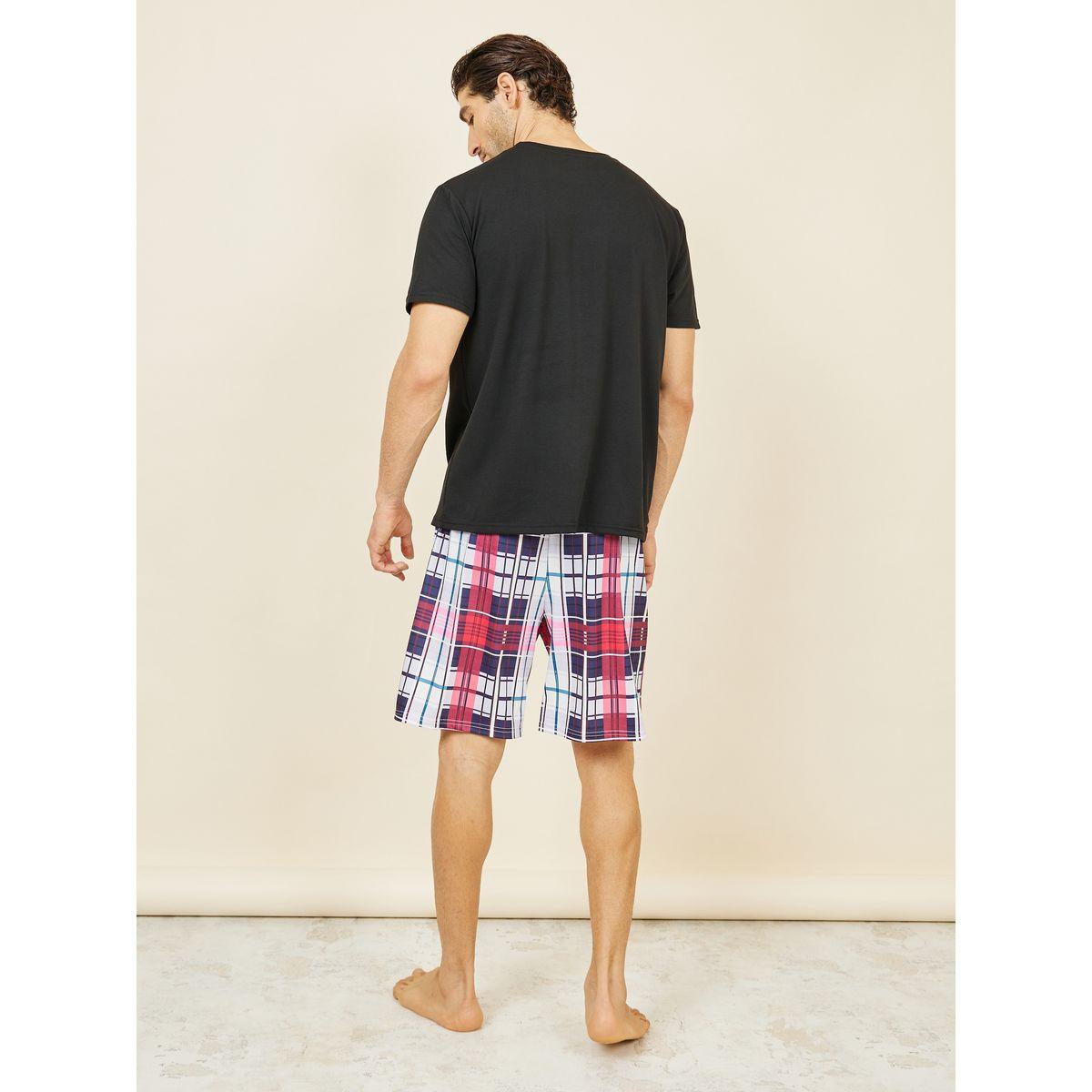 Styli Unwind Loading Print Crew Neck T-Shirt and Checkered Short Set-men-clothing-nightwear-sets-image-5